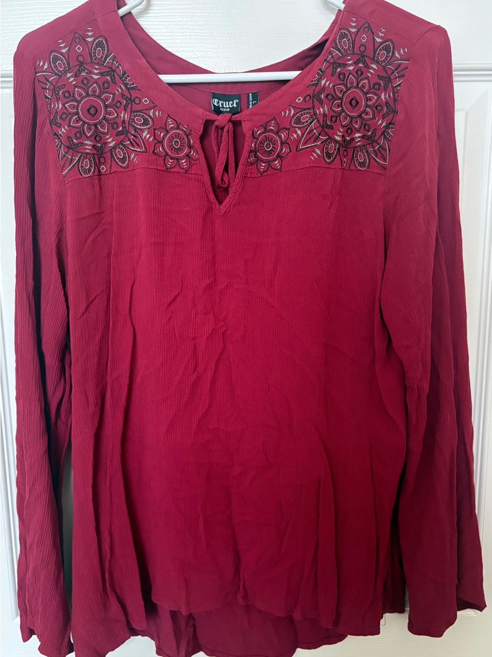 Red Embroidered Long-Sleeve Tie-Neck Tunic